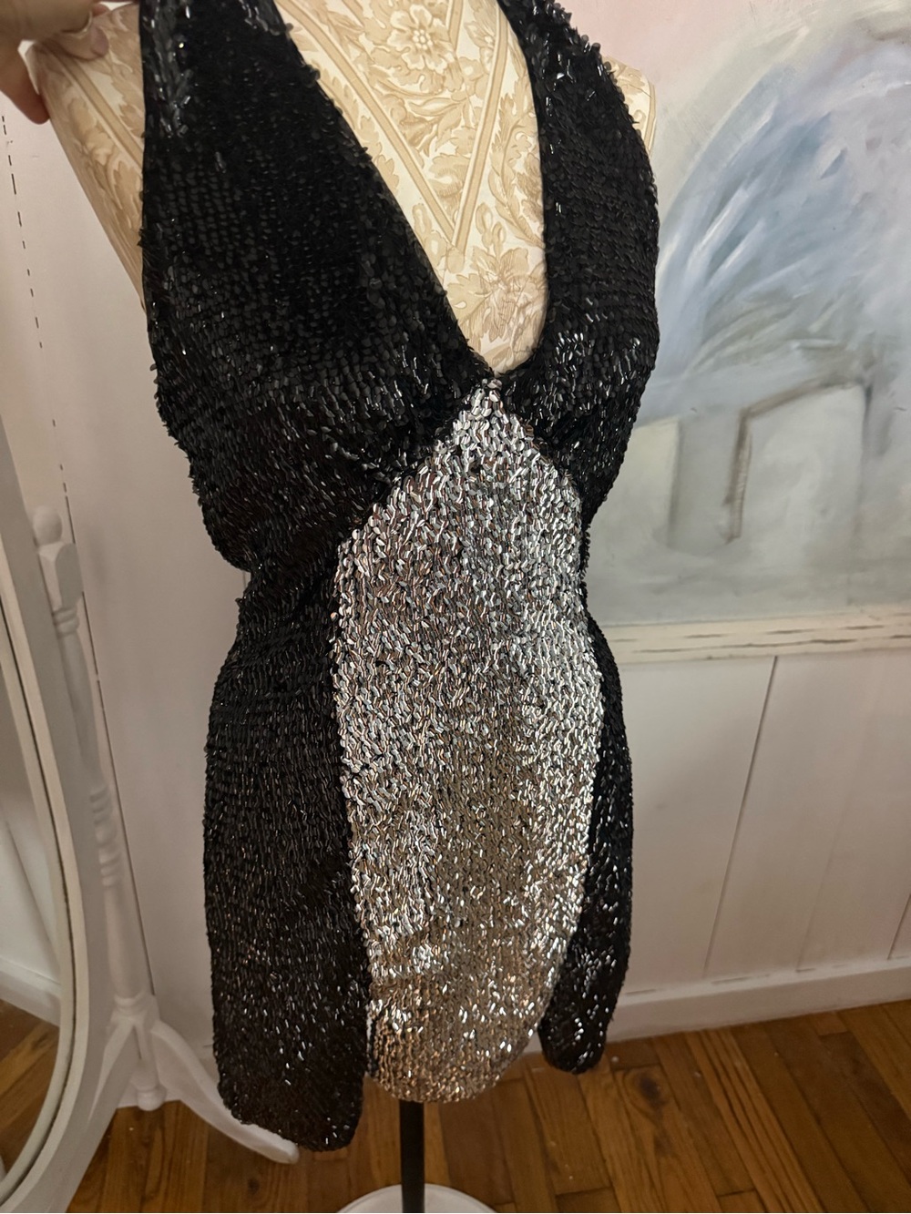 Free people Anna Sui black & Silver Sequin Halter Mini Dress